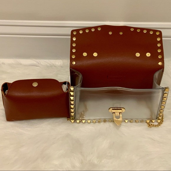 Studded Clear Box Bag – Designer Inspired Brown & Gold Crossbody Purse - Picture 6 of 6